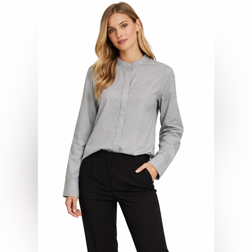 Jil Sander Gray Minimalist Blouse Hidden Placket L/S Top Mandarin Collar Sz 42